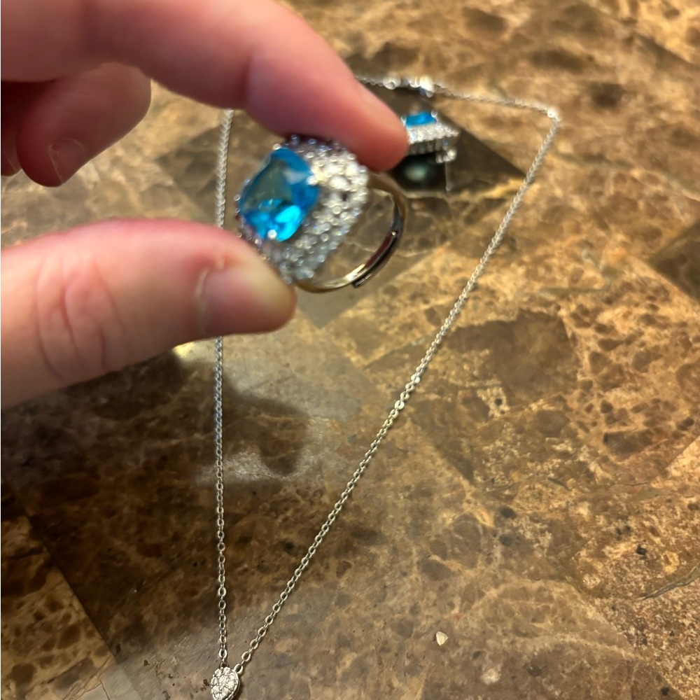 New 3PC JCPenney Blue Quartz/White Sapphire Silver Necklace, Earrings, Ring set! - Picture 7 of 9